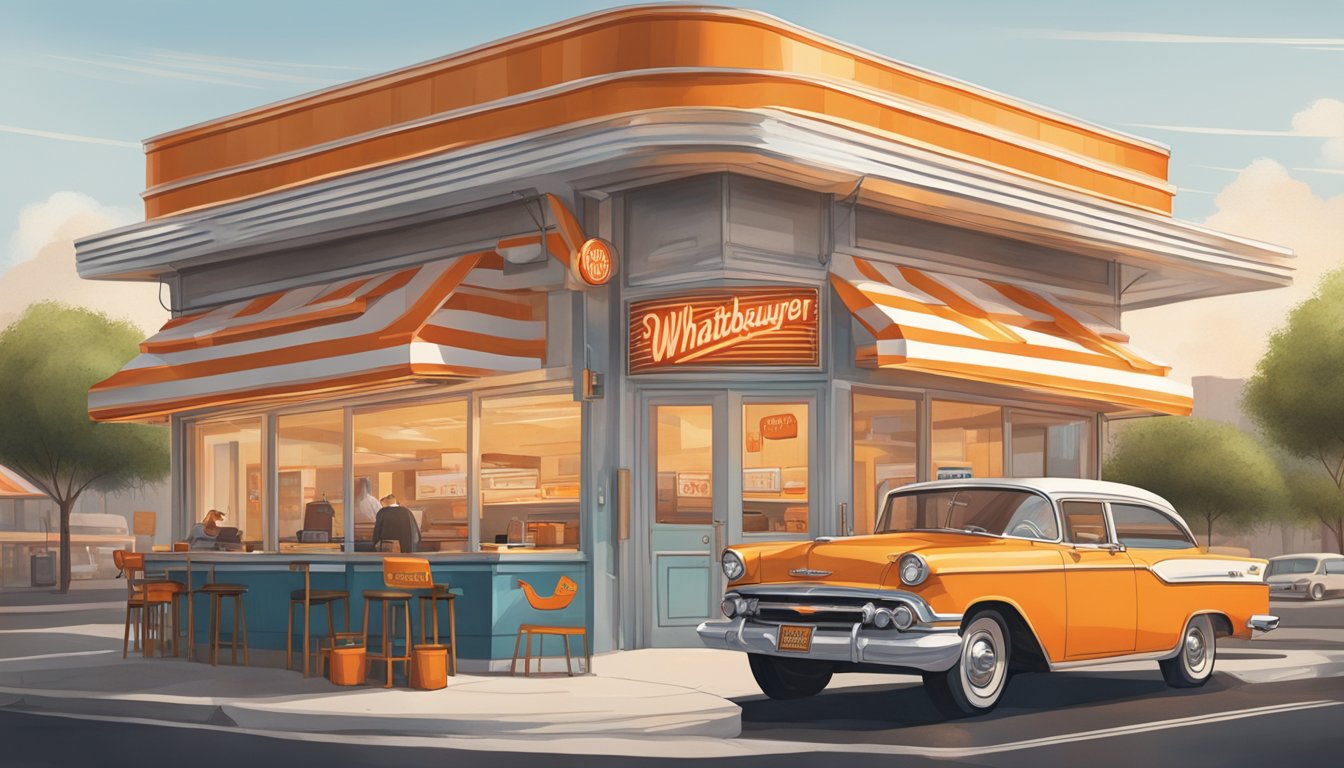 A bustling street corner with a retro-style burger joint, adorned with the iconic orange and white striped roof of the original Whataburger location