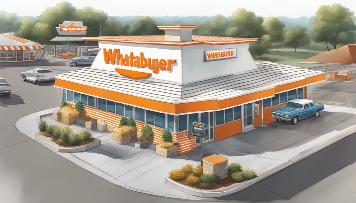 A bustling Whataburger restaurant in Memphis with a distinctive orange and white striped roof, a drive-thru lane, and a large outdoor sign