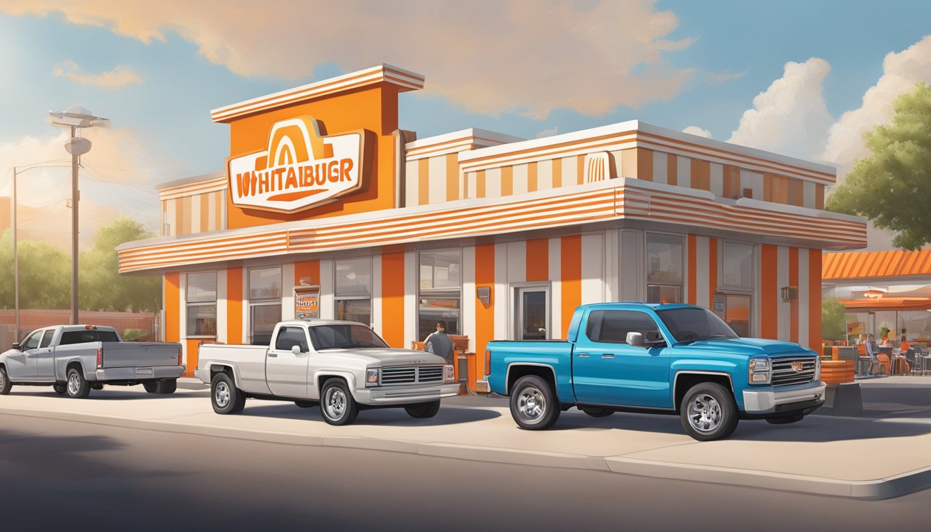 A bustling Whataburger franchise with drive-thru, outdoor seating, and iconic orange and white striped building