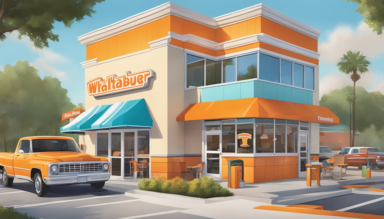 A bustling Whataburger franchise with a drive-thru, outdoor seating, and a colorful, retro-inspired building design