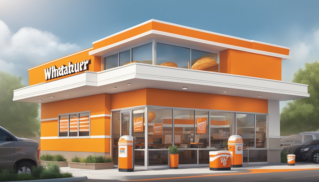 A bustling Whataburger franchise with a vibrant orange and white color scheme, a large outdoor sign, and a drive-thru window