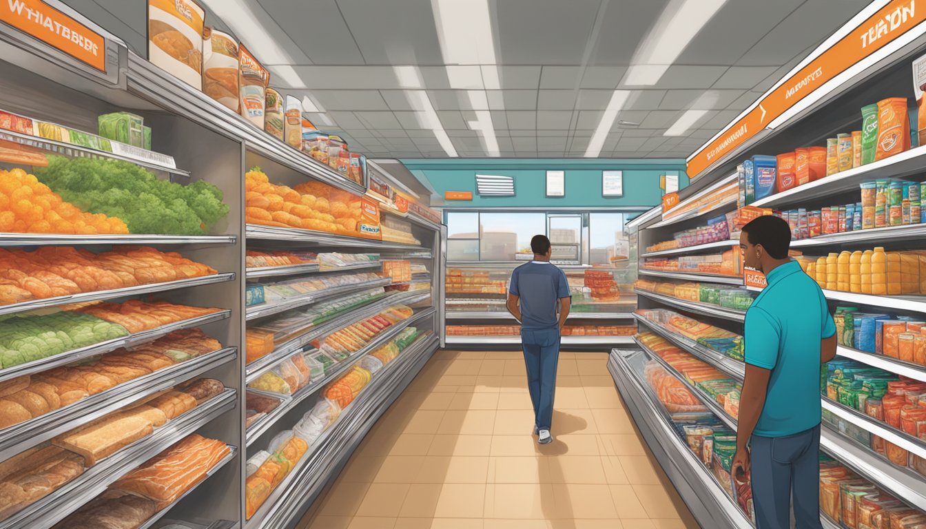 A customer at Whataburger grocery section, selecting items from the shelves