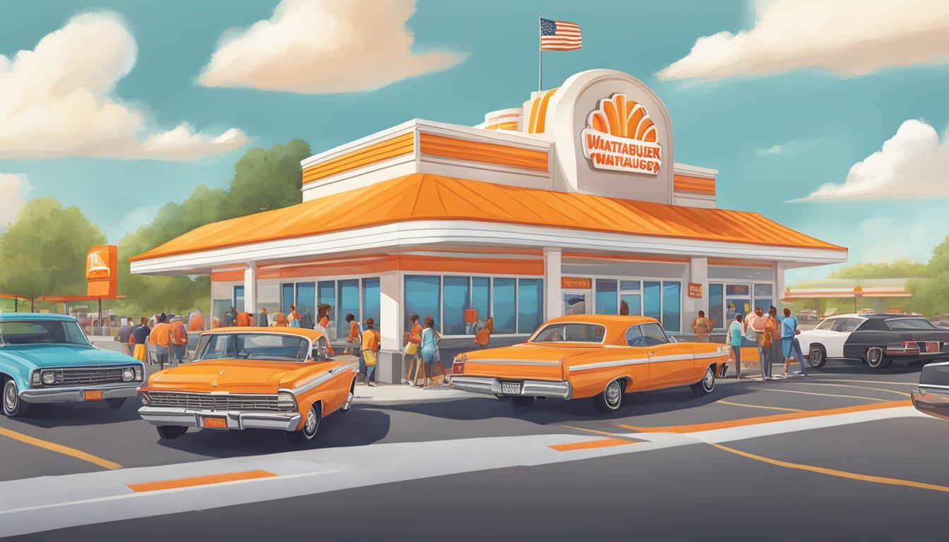 A bustling Whataburger franchise with a colorful outdoor sign and drive-thru, surrounded by a busy parking lot and a line of hungry customers