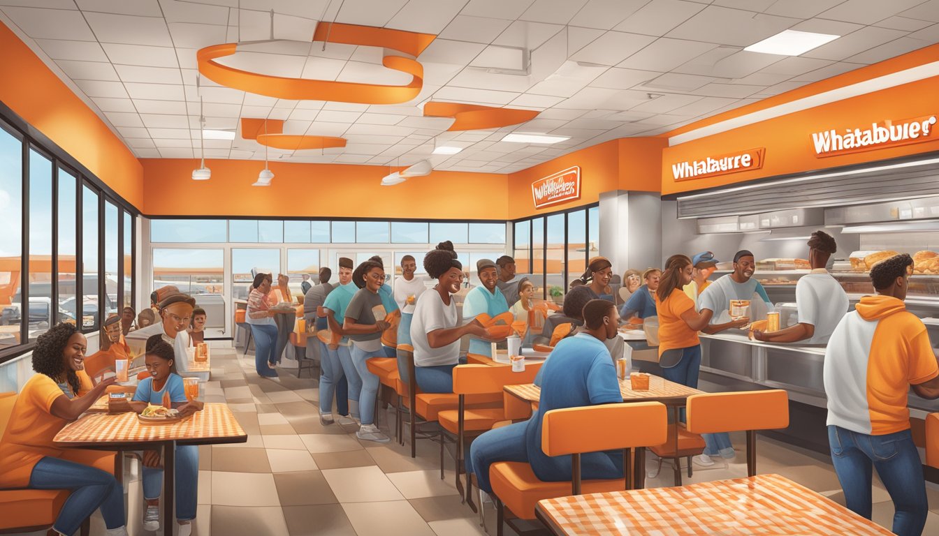 A bustling Whataburger restaurant in Memphis, with customers redeeming rewards and enjoying their meals