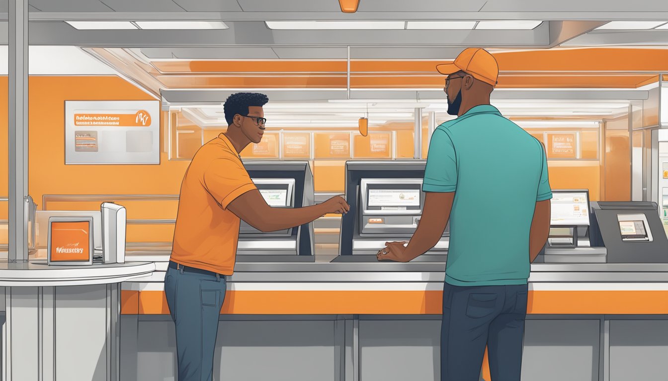 A customer at a Whataburger restaurant attempts to sign in to their account on a digital kiosk but encounters an error message