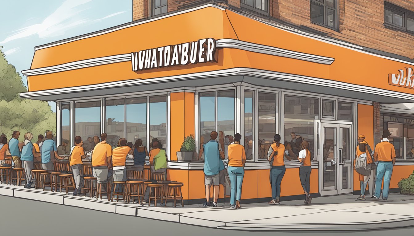 The WhatABurger franchise logo displayed prominently outside a bustling restaurant, with a line of customers waiting to order