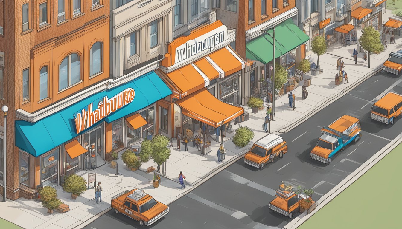 A bustling city street with a prominent Whataburger franchise sign, surrounded by other businesses and potential expansion locations