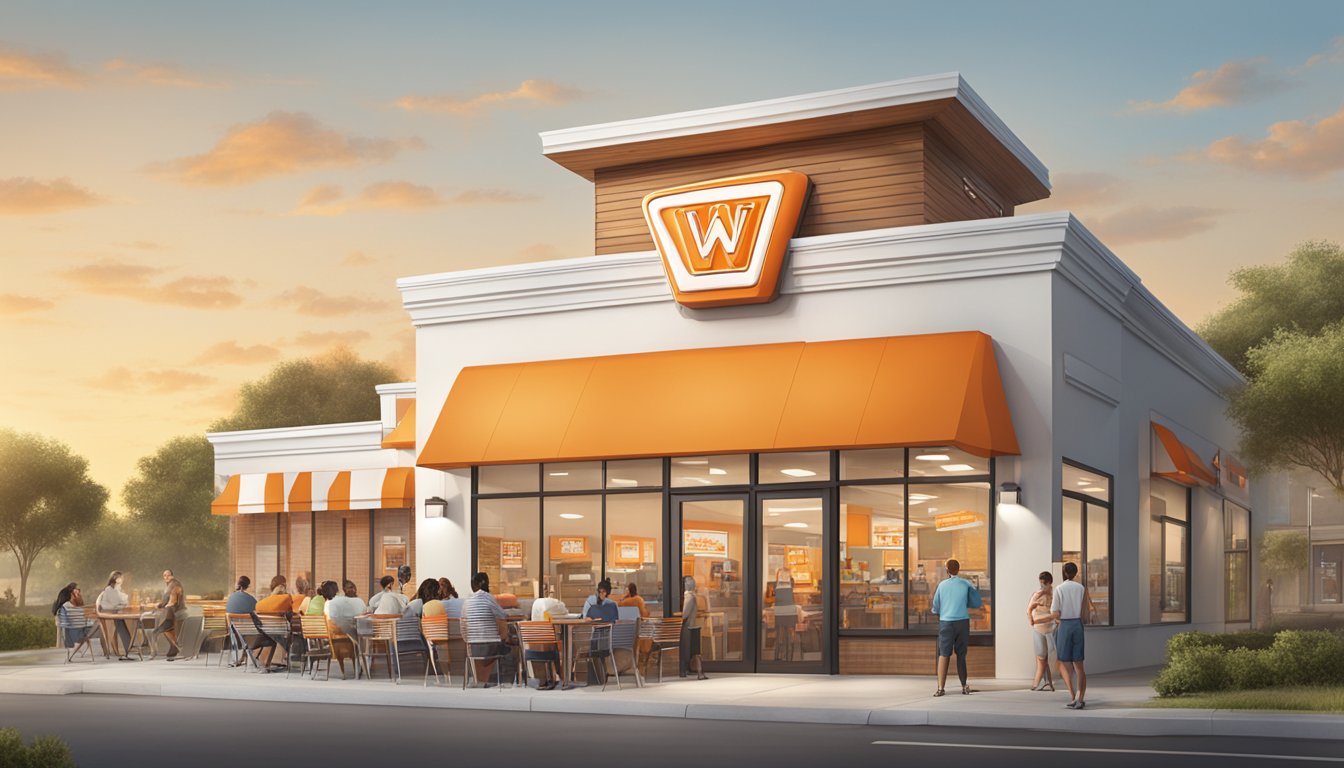 A Whataburger franchise exterior with prominent legal and regulatory documents displayed, surrounded by a diverse group of customers enjoying their meals