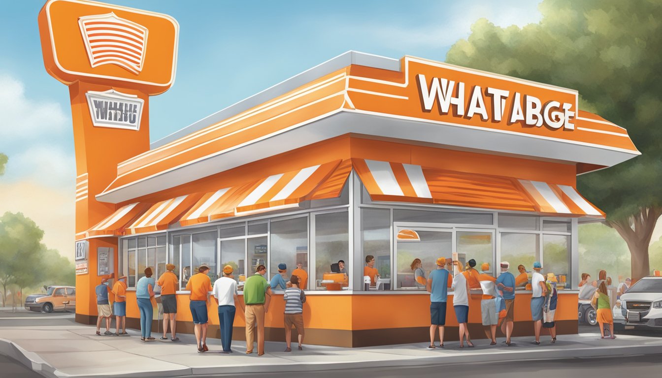 A bustling Whataburger franchise with a long line of customers, cheerful staff, and the iconic orange and white striped building