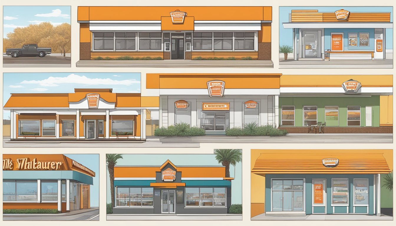 A timeline of Whataburger logos and store designs from past to present in Harlingen, Texas