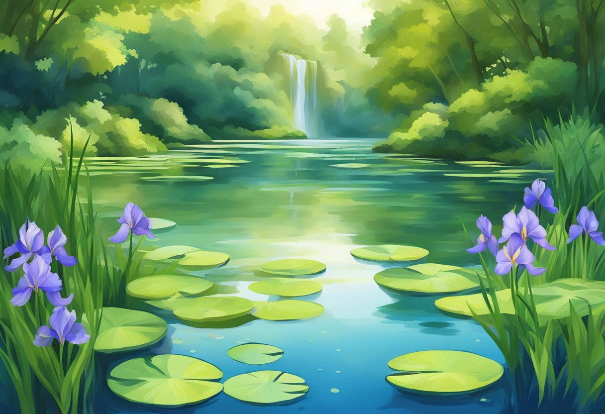 A serene pond with vibrant water irises floating on the water's surface, surrounded by lush green foliage and the gentle sound of flowing water