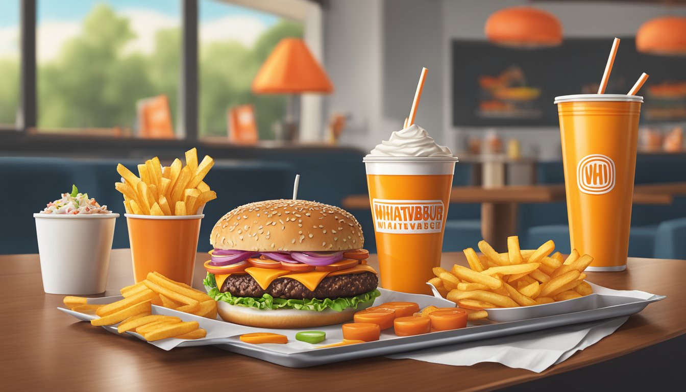 A colorful Whataburger meal displayed on a tray with a burger, fries, and a drink, surrounded by condiments and napkins