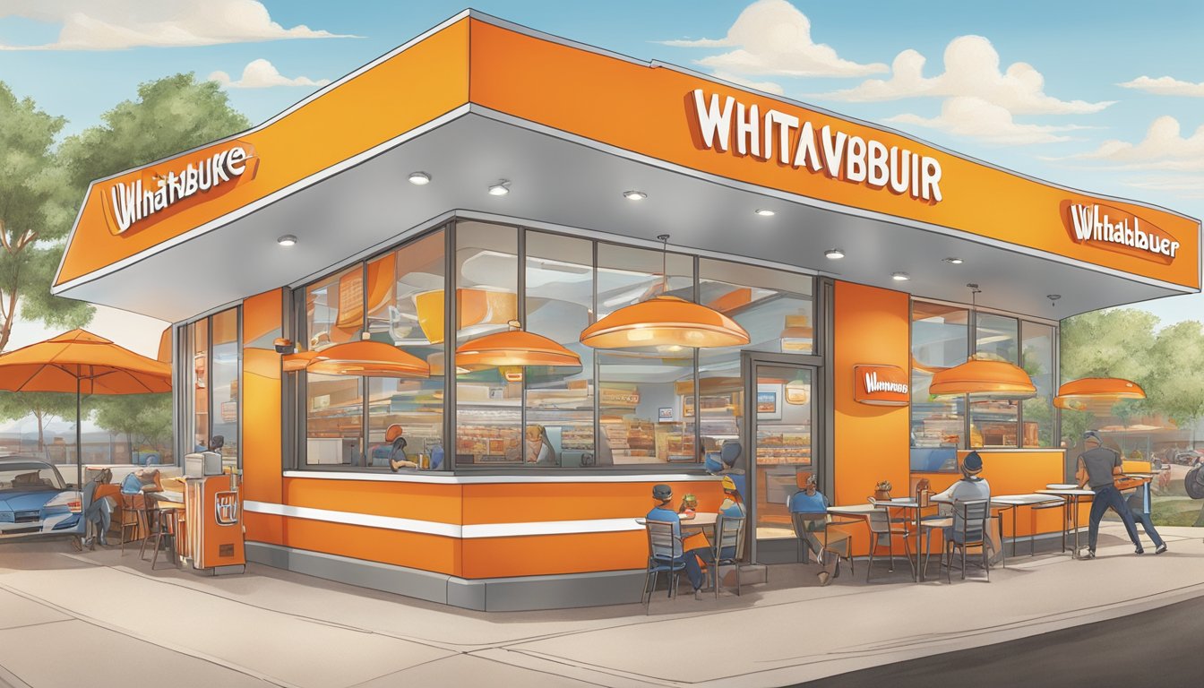 A bustling Whataburger restaurant with a colorful mural on the wall, depicting various cultural symbols and brand logos