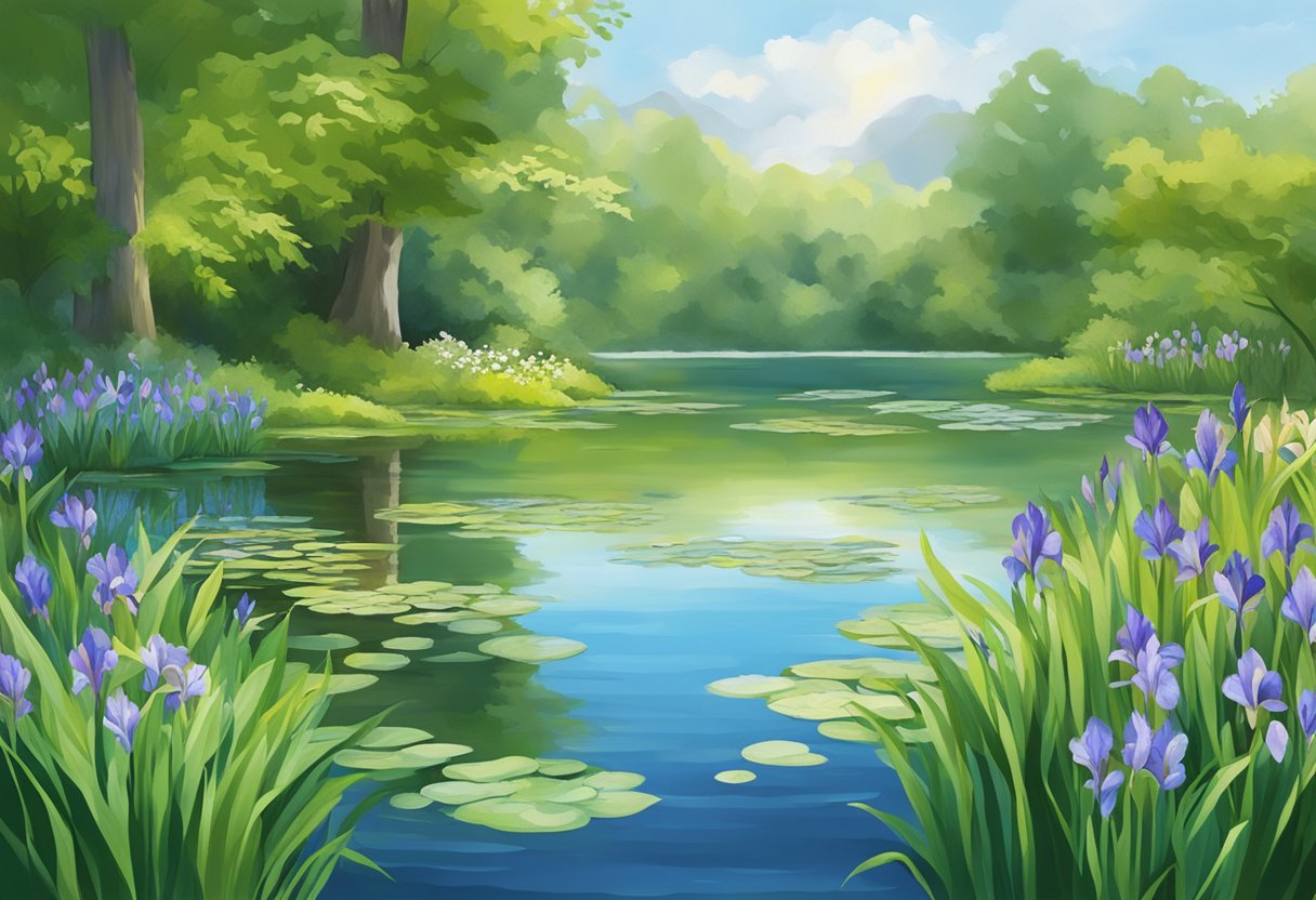 A serene pond with lush green foliage and vibrant water irises in full bloom, reflecting in the calm water