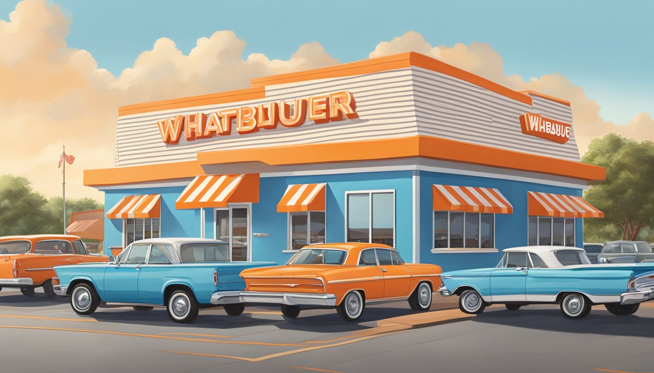 A bustling Whataburger restaurant in Harlingen, with cars lined up at the drive-thru and customers entering and exiting the building. The iconic orange and white striped roof stands out against the blue sky