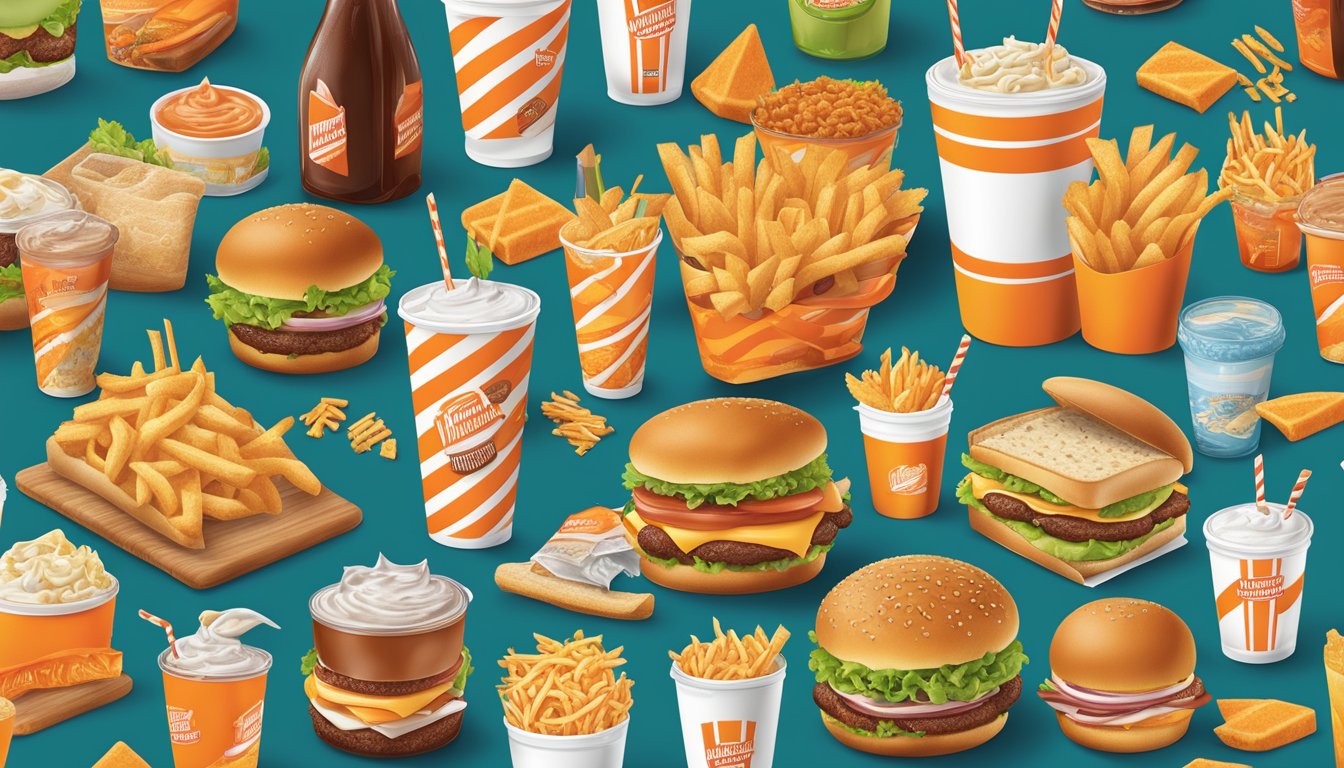 A colorful menu spread with various Whataburger food items and corresponding prices, surrounded by the company's history and brand imagery