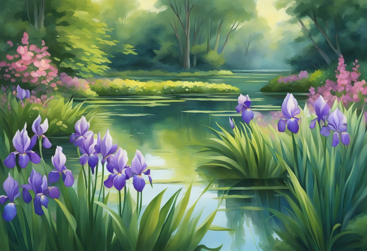 A serene pond with vibrant water irises in full bloom, surrounded by lush green foliage and gently rippling water