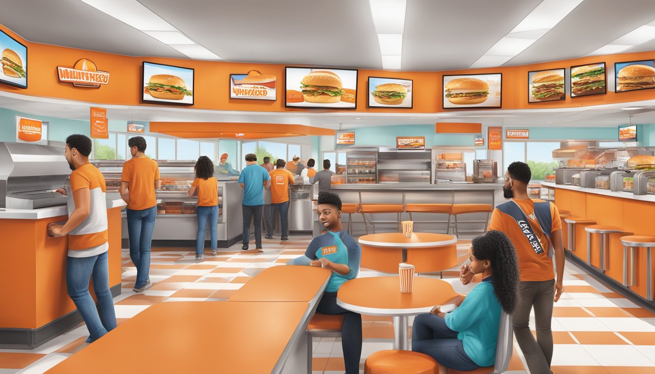 A bustling Whataburger in Harlingen, with customers redeeming promotions and loyalty program rewards at the counter