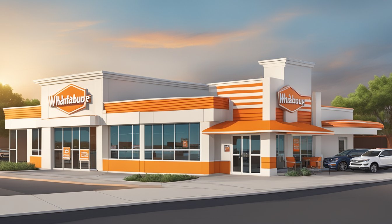 A bustling Whataburger restaurant in Harlingen, Texas, with iconic orange and white branding, drive-thru lane, and outdoor seating area