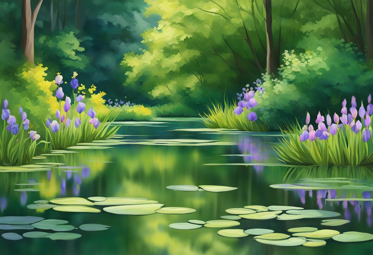 A tranquil pond with vibrant water irises blooming along the water's edge, surrounded by lush green foliage and reflected in the calm, still water