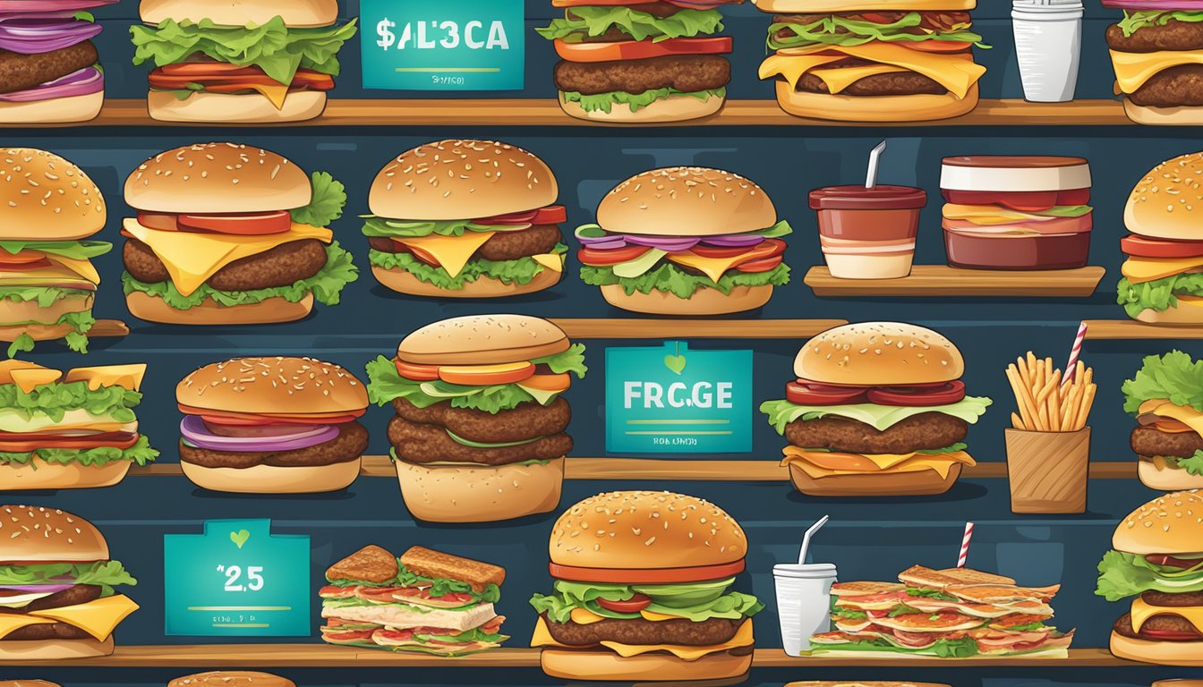 A colorful menu board featuring a variety of burgers and sandwiches, each labeled with its corresponding price