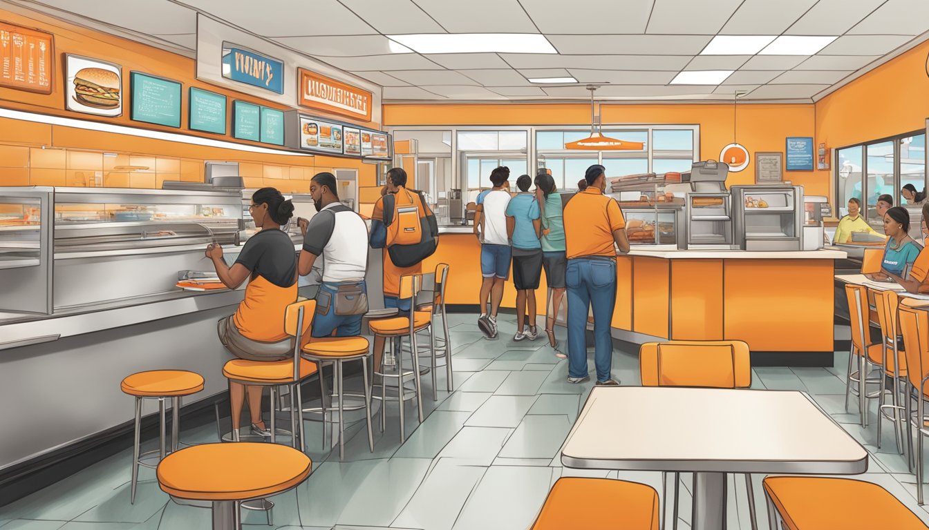 A bustling Whataburger restaurant in Harlingen, with customers enjoying their meals and leaving feedback at the counter