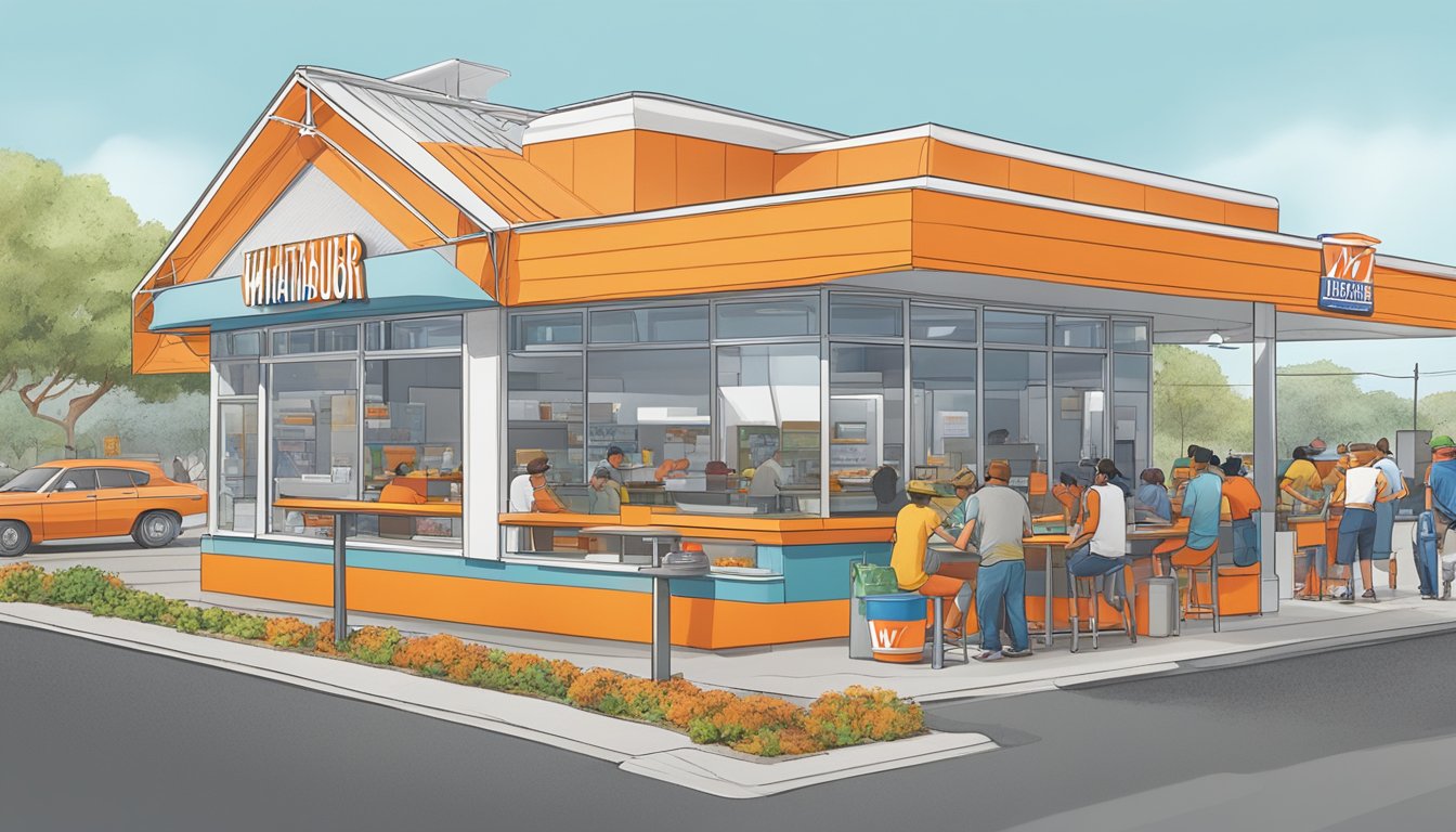 The bustling Whataburger in Harlingen, with customers ordering at the counter and others enjoying their meals at the vibrant orange booths. The iconic A-frame roof and large "W" logo are visible from the outside