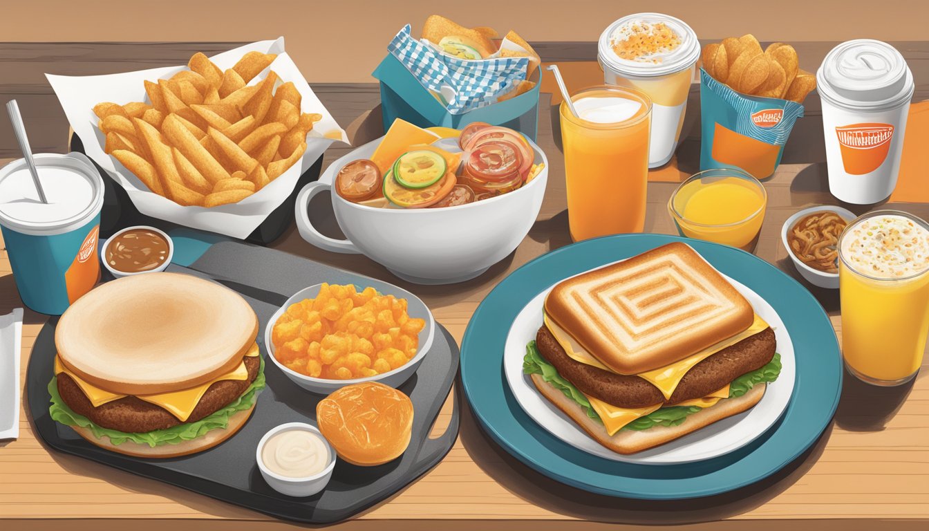 A colorful menu spread with various breakfast items, prices displayed, and the Whataburger logo prominently featured