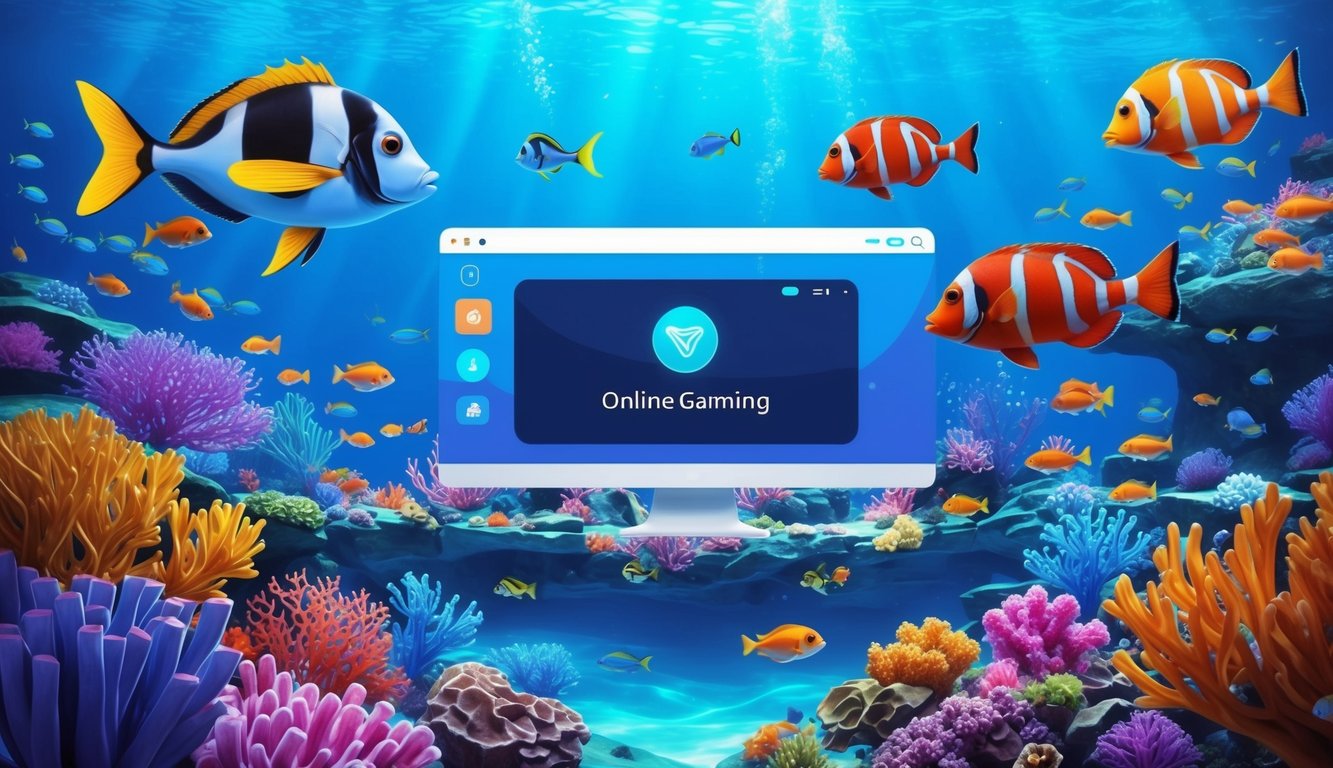 Sebuah dunia bawah laut yang penuh warna dengan ikan dan terumbu karang yang berwarna-warni, dengan antarmuka permainan online yang ramping dan modern terintegrasi dengan mulus ke dalam pemandangan