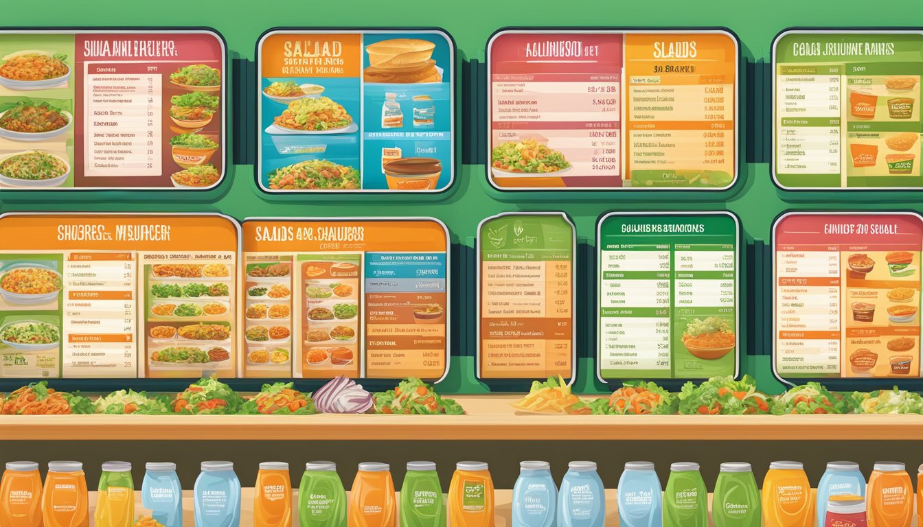 A colorful menu board displays various salads, sides, and soups with corresponding prices at Whataburger