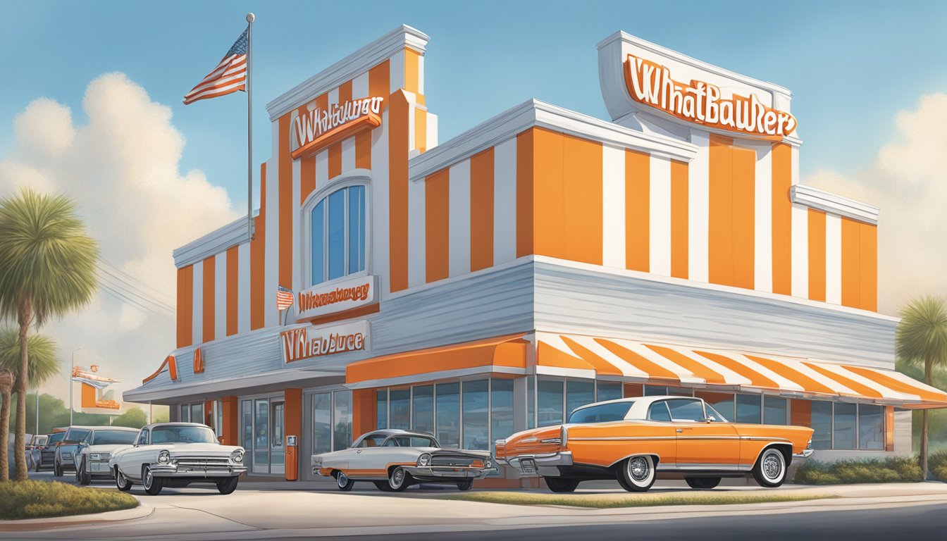 The iconic orange and white striped building of Whataburger stands tall against the Pensacola skyline, with a line of cars wrapped around the drive-thru and the smell of sizzling burgers in the air