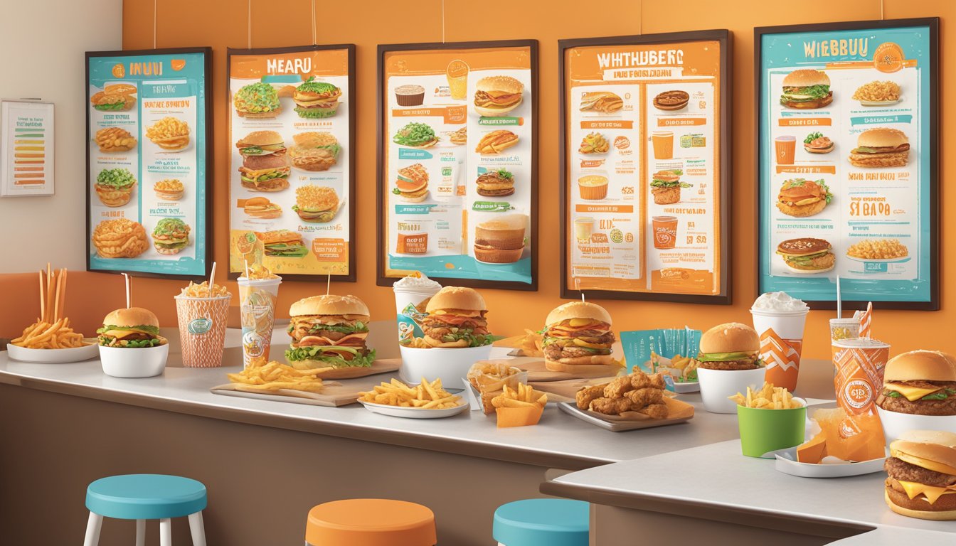 A colorful kids' menu with playful illustrations and family offers displayed next to Whataburger menu items