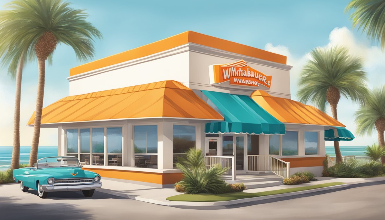 A Whataburger restaurant in Pensacola with a drive-thru and outdoor seating, surrounded by palm trees and a sunny coastal backdrop