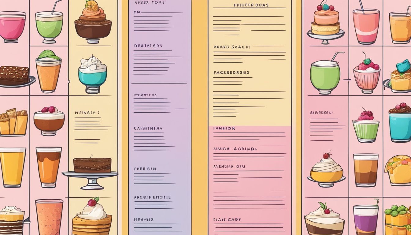 A colorful menu spread with various drinks and desserts, prices listed, set against a clean, modern backdrop