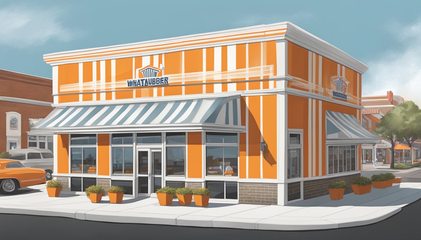 A bustling Whataburger restaurant adorned with the iconic orange and white stripes, set against the backdrop of Fayetteville, NC's heritage architecture