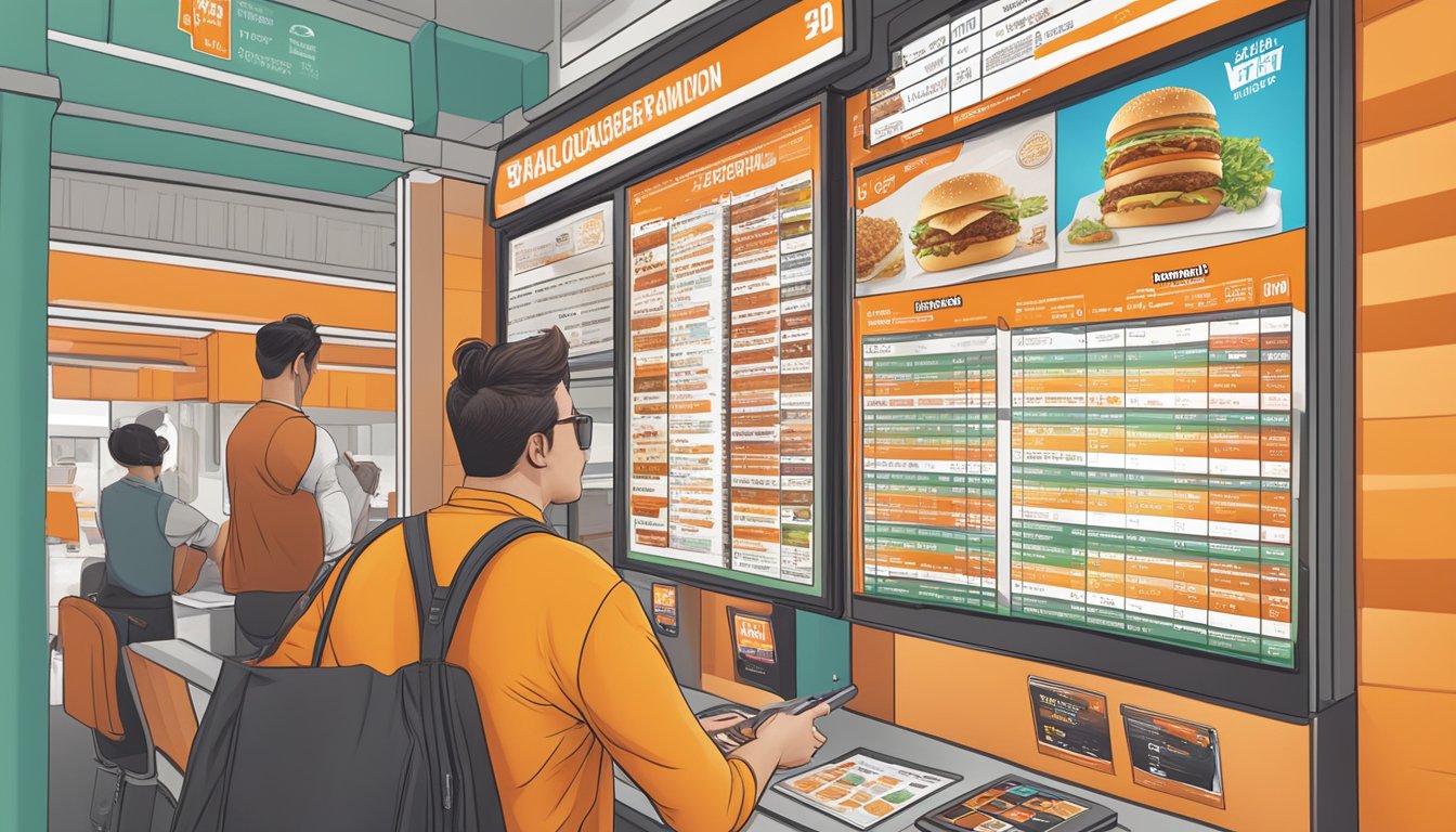 A customer browsing a colorful Whataburger menu with prices displayed on a digital screen