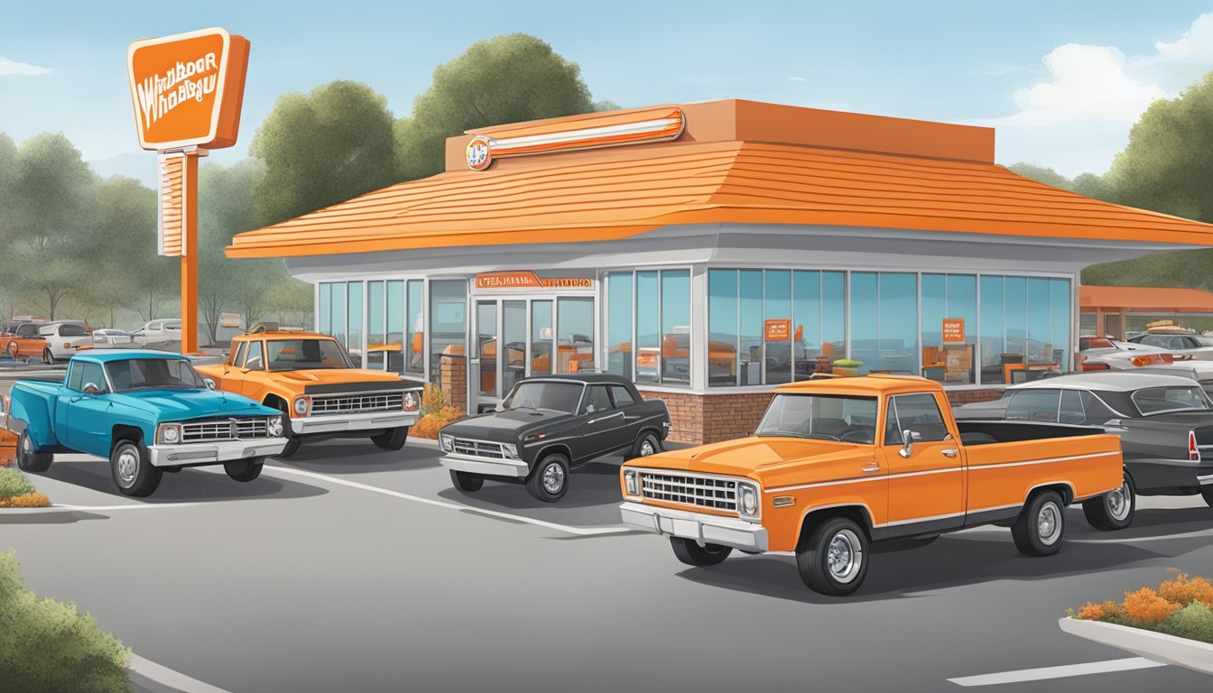 A bustling Whataburger restaurant in Fayetteville, NC, with cars lined up at the drive-thru and customers dining inside