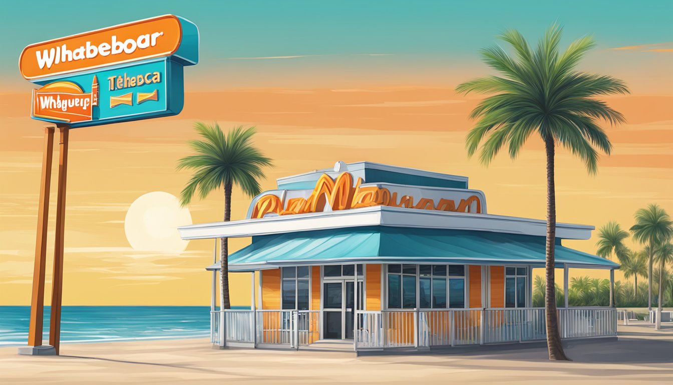 A colorful outdoor scene with a beach backdrop, palm trees, and a Whataburger restaurant sign in Pensacola, Florida