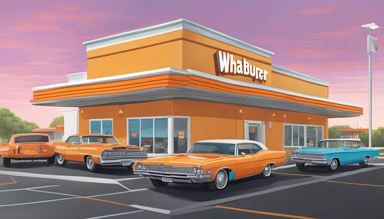 A bustling Whataburger restaurant in Pensacola, with cars lined up at the drive-thru and customers inside enjoying their meals