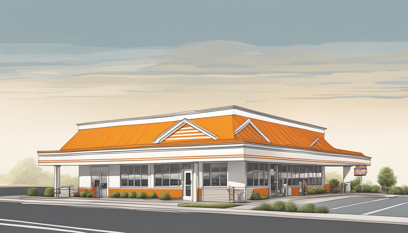 A Whataburger restaurant in Fayetteville, NC, with the iconic orange and white striped roof and a drive-thru lane