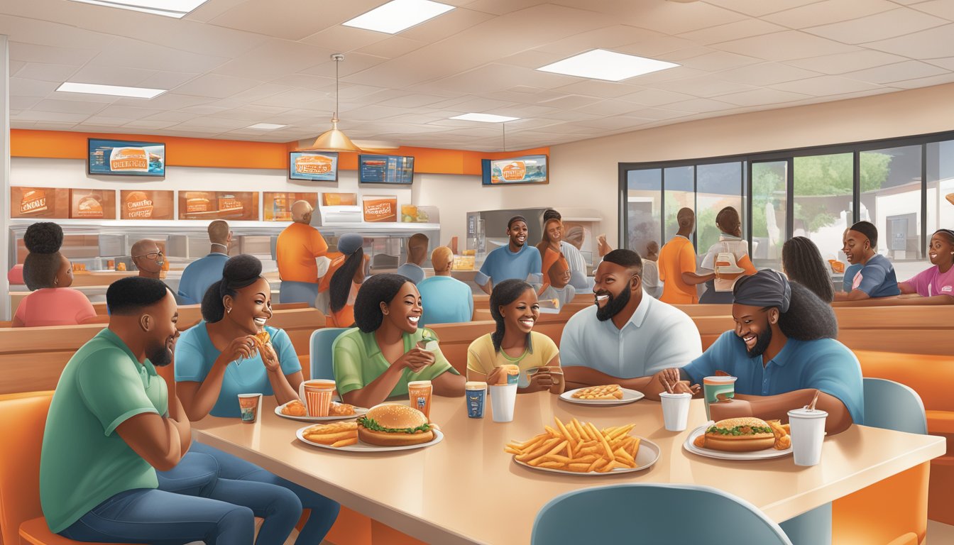 A diverse group of people enjoying food and conversation at a WhatABurger in Fayetteville, NC, with a mix of cultural elements and community engagement