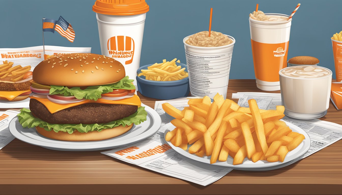 A table with a variety of Whataburger menu items, including burgers, fries, and drinks, surrounded by informational pamphlets on nutritional and dietary information