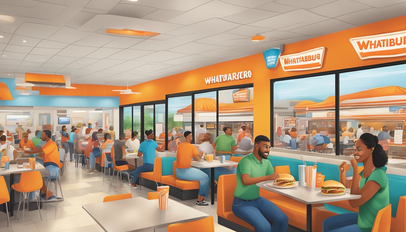 A bustling Whataburger restaurant in Fayetteville, NC, with a colorful menu board and customers enjoying their dining experience