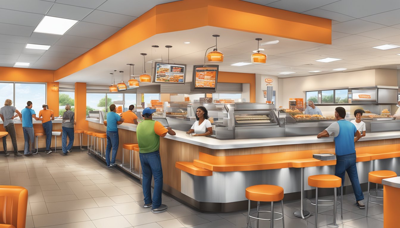 The Whataburger in Pensacola is bustling with activity as customers engage with staff and each other, creating a lively and welcoming community presence