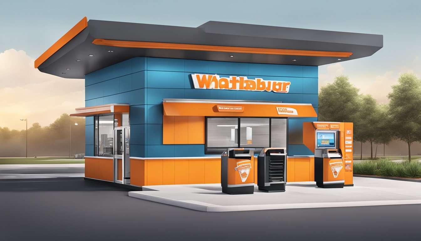 A modern drive-thru with digital ordering kiosks and a sleek, branded pick-up area at a Whataburger in Fayetteville, NC