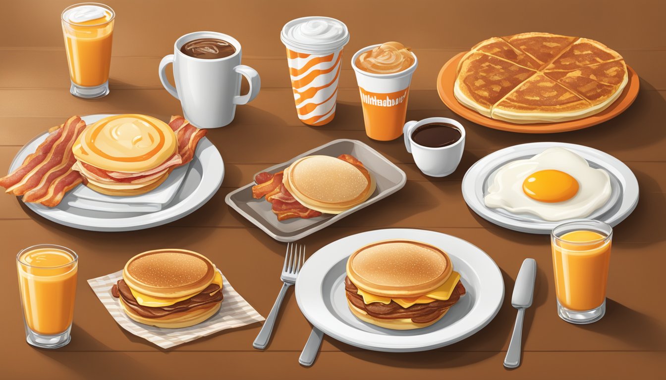 A table displays a spread of Whataburger breakfast items with prices, including pancakes, eggs, bacon, and coffee, all arranged attractively for a menu illustration