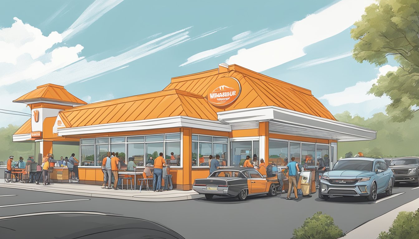 A bustling WhatABurger in Fayetteville, NC, with customers dining inside and cars lined up at the drive-thru