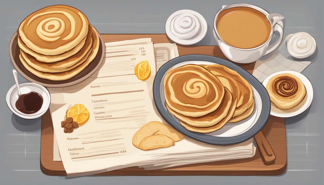 A table with a spread of pancakes and cinnamon rolls, accompanied by a menu showing pictures and prices