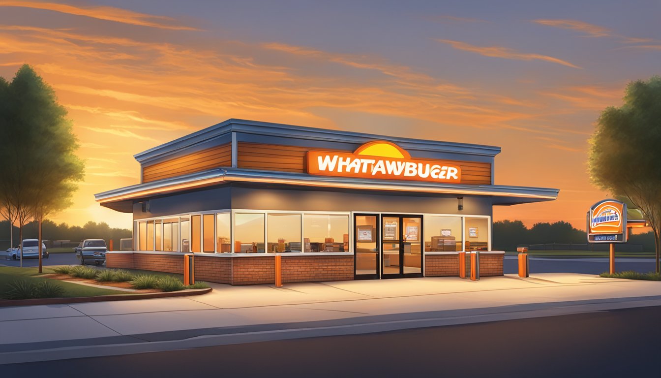 The sun sets behind the Whataburger in Fayetteville, casting a warm glow over the bustling drive-thru and outdoor seating area