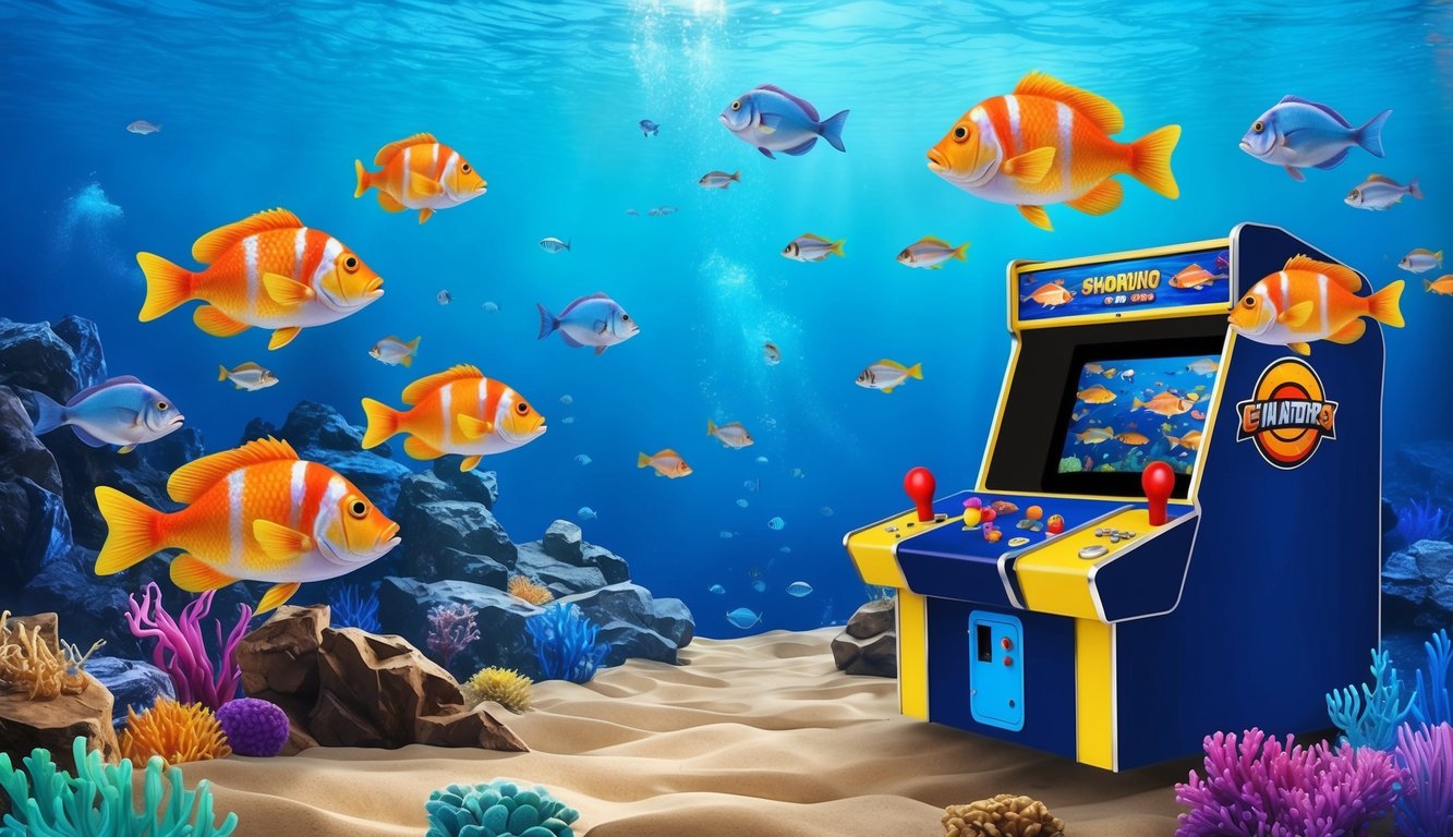 Dunia bawah air yang hidup dengan ikan berwarna-warni yang berenang di sekitar permainan arcade tembak-tembakan